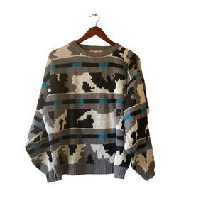 Vintage 80s Geometric Abstract Cow Print Crew Neck Long Sleeve Sweater Women's